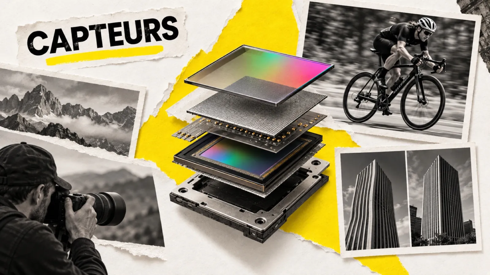 Illustration en collage photographique de l’article « Capteurs empilés et semi-empilés : ce que ça change concrètement en 2026 »