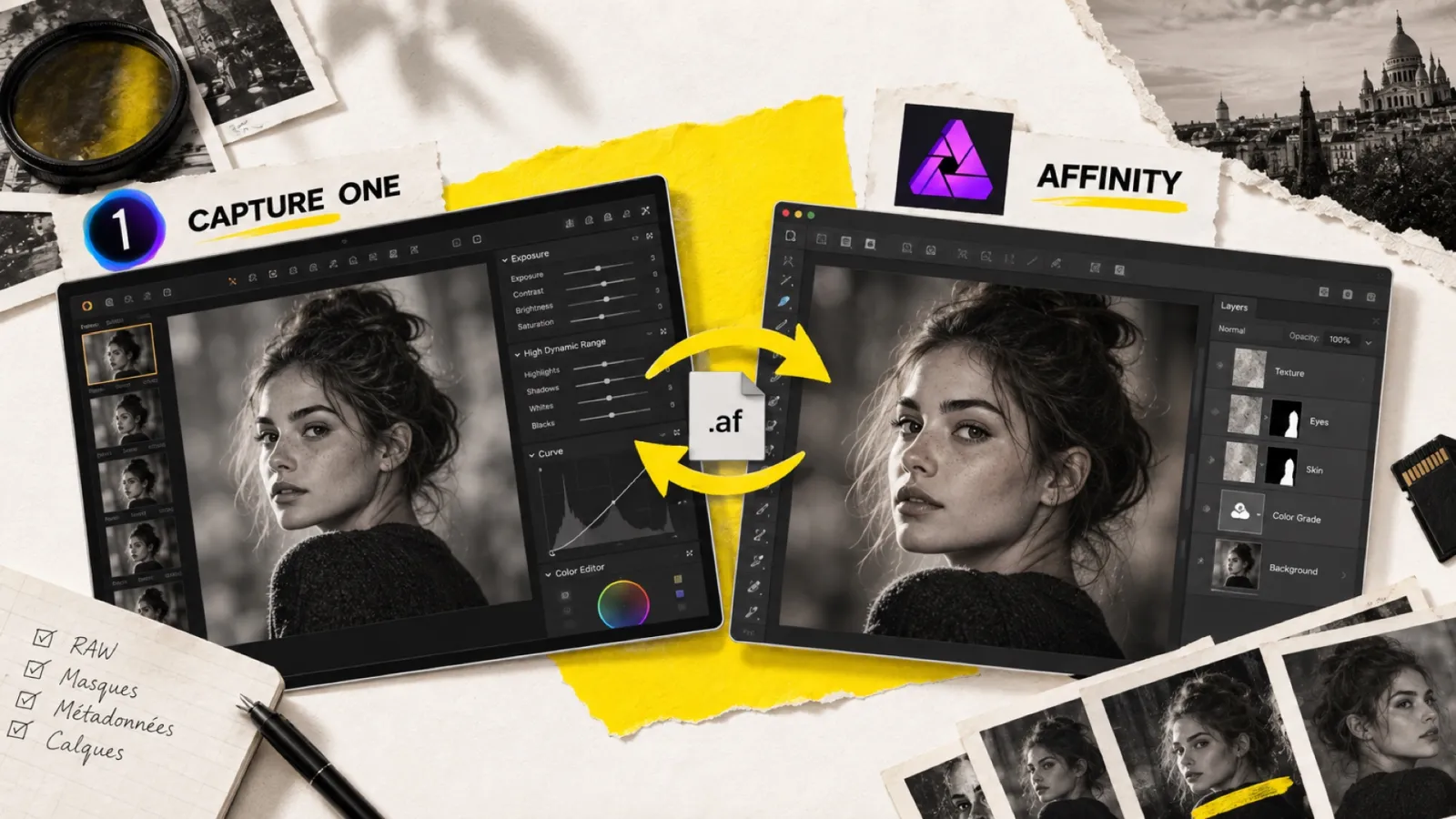 Illustration en collage photographique de l’article « Capture One 16.7.7 ouvre la porte à Affinity Photo : le round-trip natif arrive »