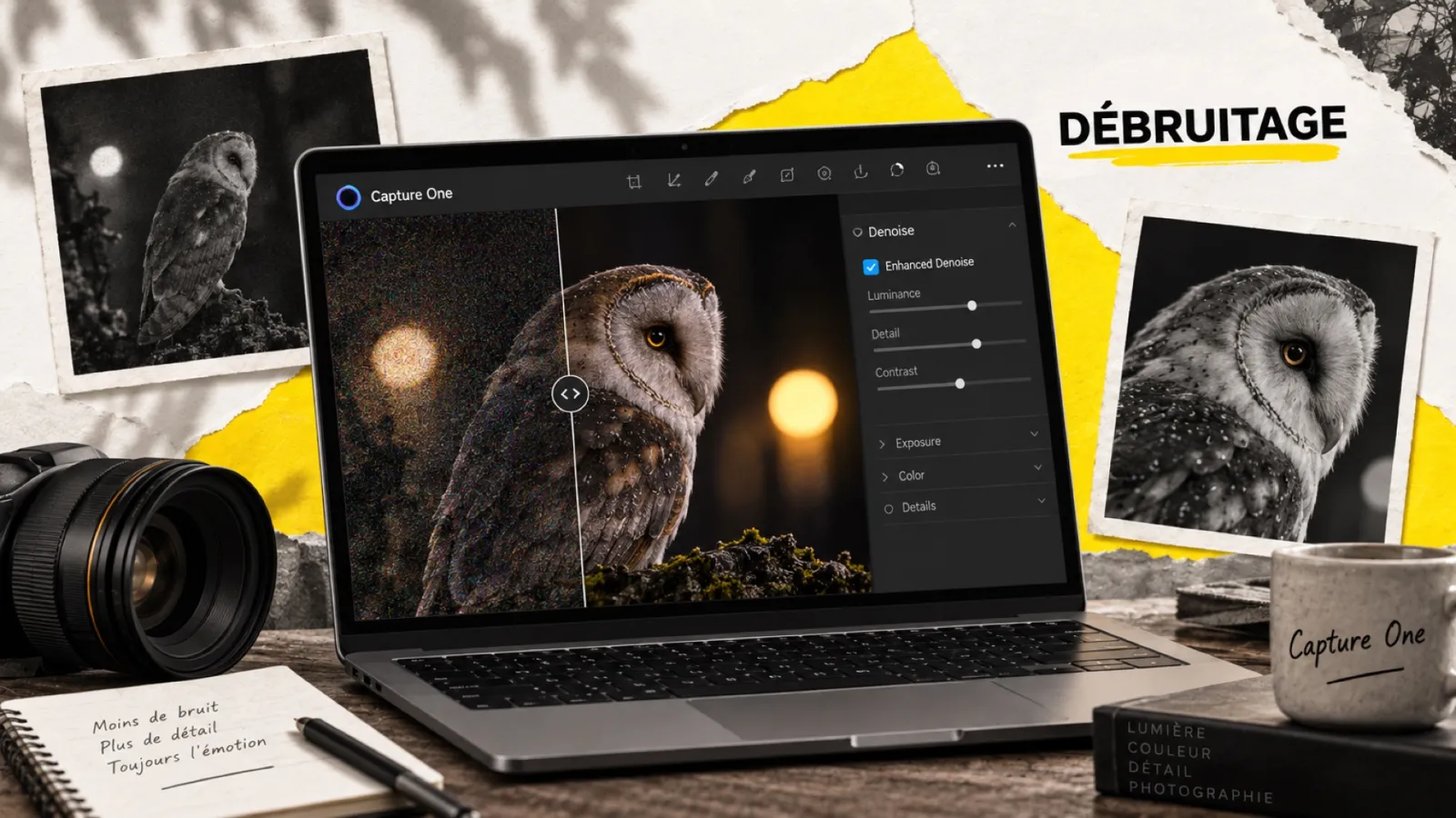 Illustration en collage photographique de l’article « Capture One 16.8 : Enhanced Denoise comble enfin le retard IA »