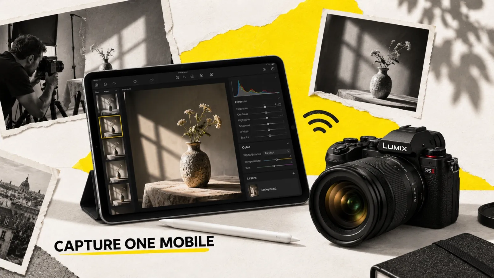 Illustration en collage photographique de l’article « Capture One Mobile 3.2.5 : wireless LUMIX et retouche iPad, où en est-on ? »