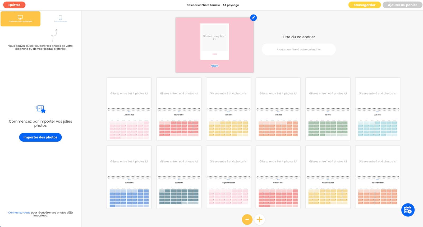 Interface de création du calendrier photo sur le site Cheerz