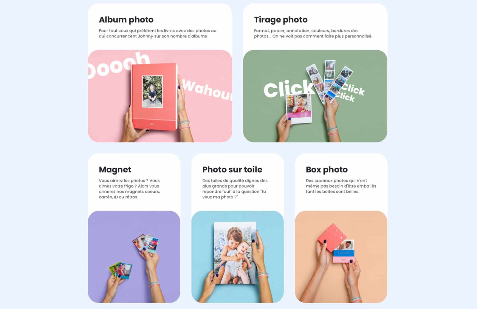 Aperçu de la gamme de produits photo Cheerz : tirages, albums, toiles et calendriers
