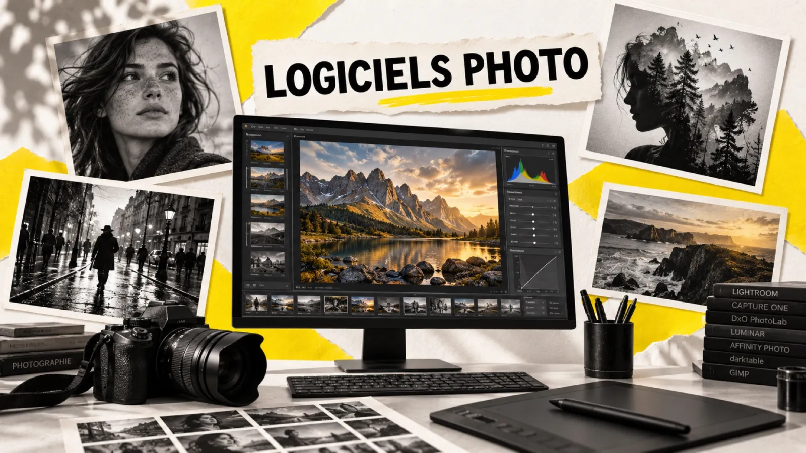 Illustration en collage photographique de l’article « Les 20 meilleurs logiciels de retouche photo gratuits et payants en 2026 »
