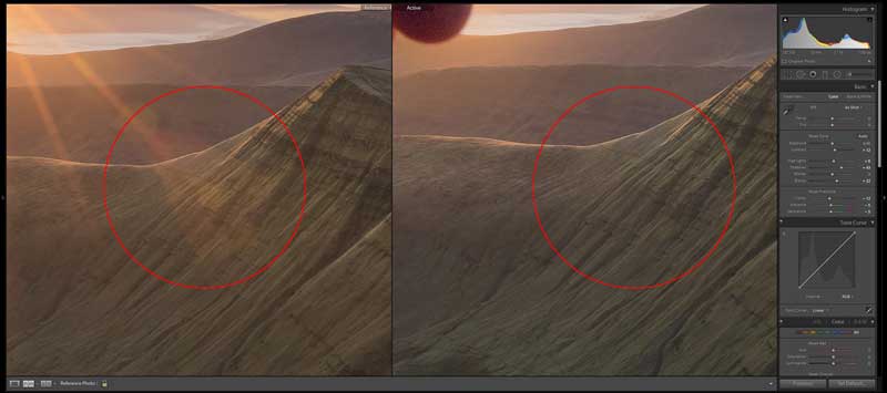 Zoom comparatif flare avant-après dans Lightroom