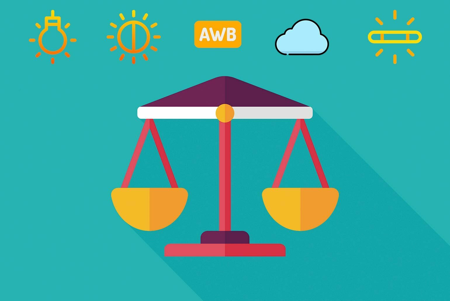 Illustration d'une balance avec des icônes symbolisant la lumière, le réglage automatique et le climat sur un fond bleu.