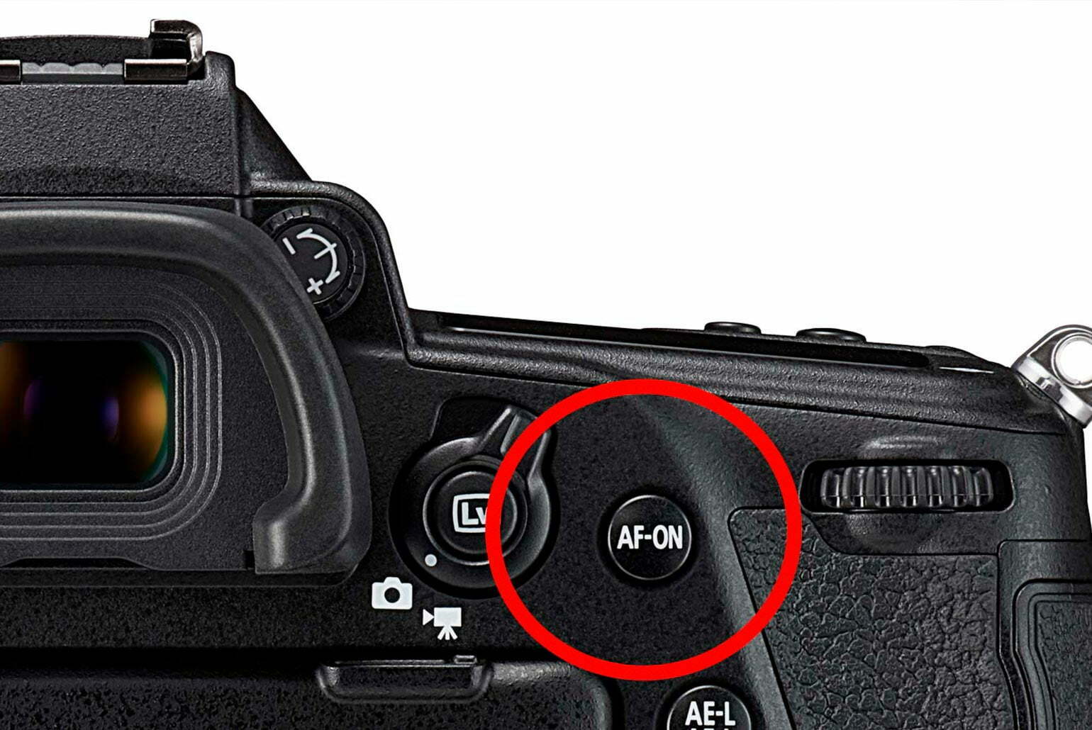Vue rapprochée d'un appareil photo reflex avec l'accent sur le bouton AF-ON entouré en rouge