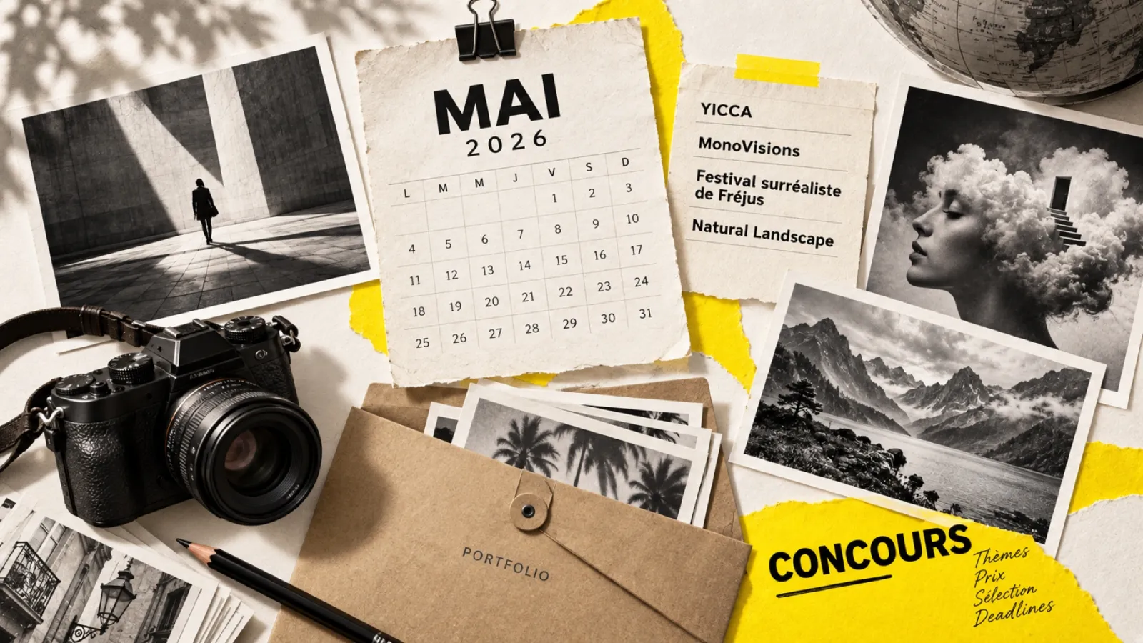 Illustration en collage photographique de l’article « Concours photo de mai 2026 : sélection et deadlines »