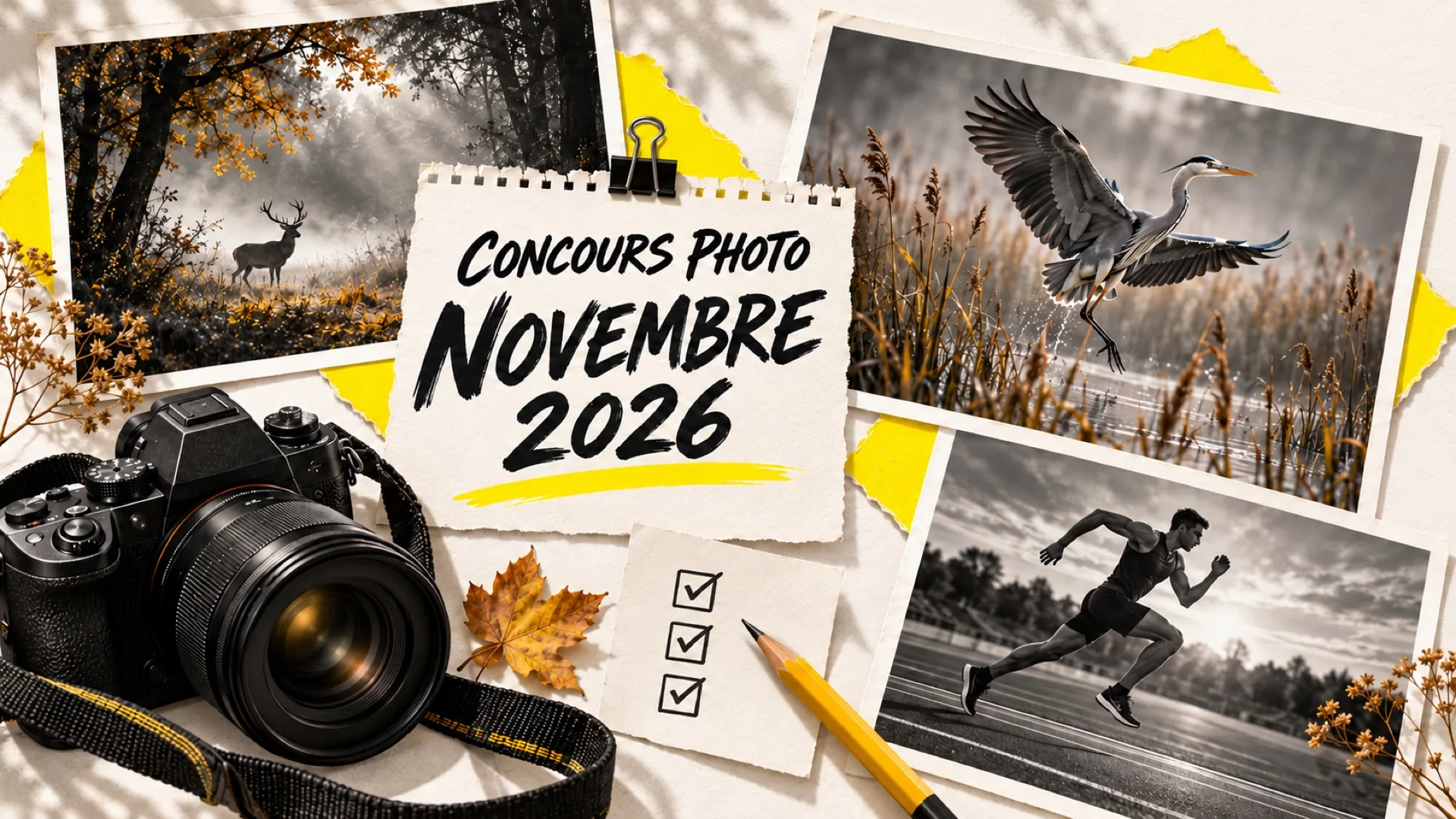 Tirages d'un cerf, d'un héron en vol et d'un coureur autour d'un carnet « Concours photo novembre 2026 » et d'un appareil photo