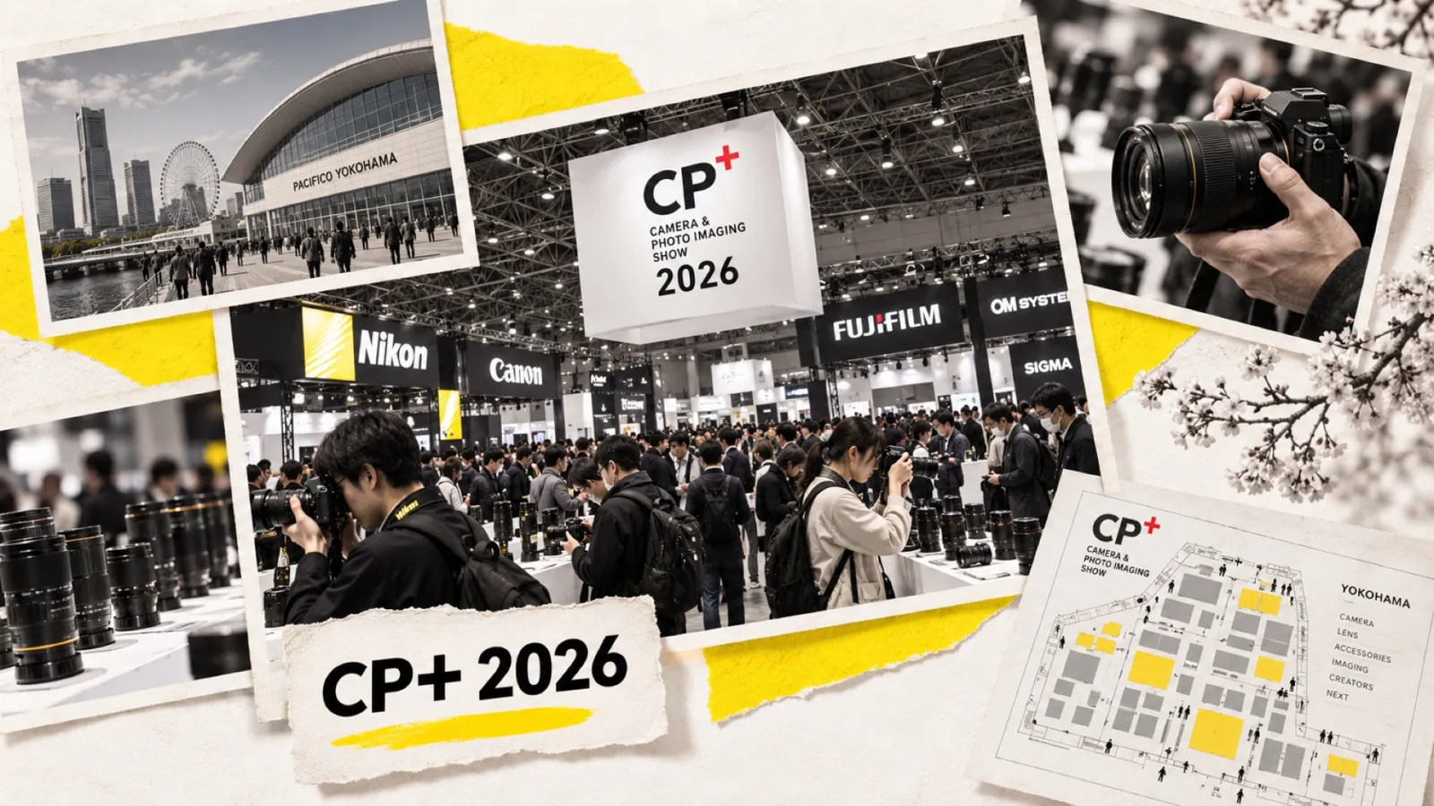 Illustration en collage photographique de l’article « CP+ 2026 : bilan complet du salon de Yokohama — annonces, tendances et chiffres record »
