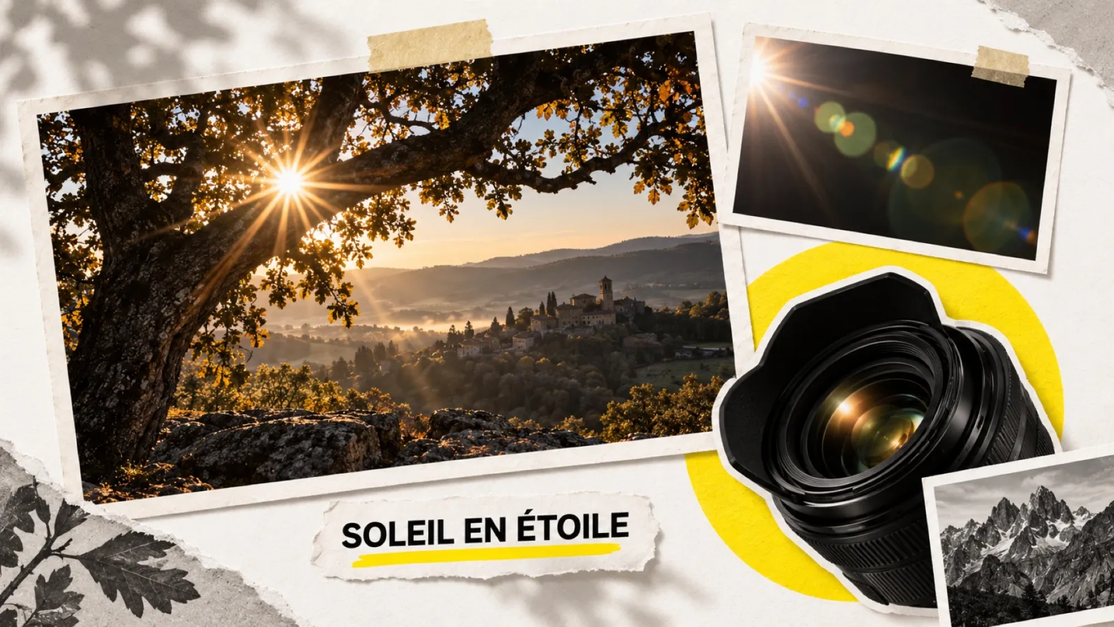 Illustration en collage photographique de l’article « Effet starburst (soleil en étoile) et lens flare : guide complet »