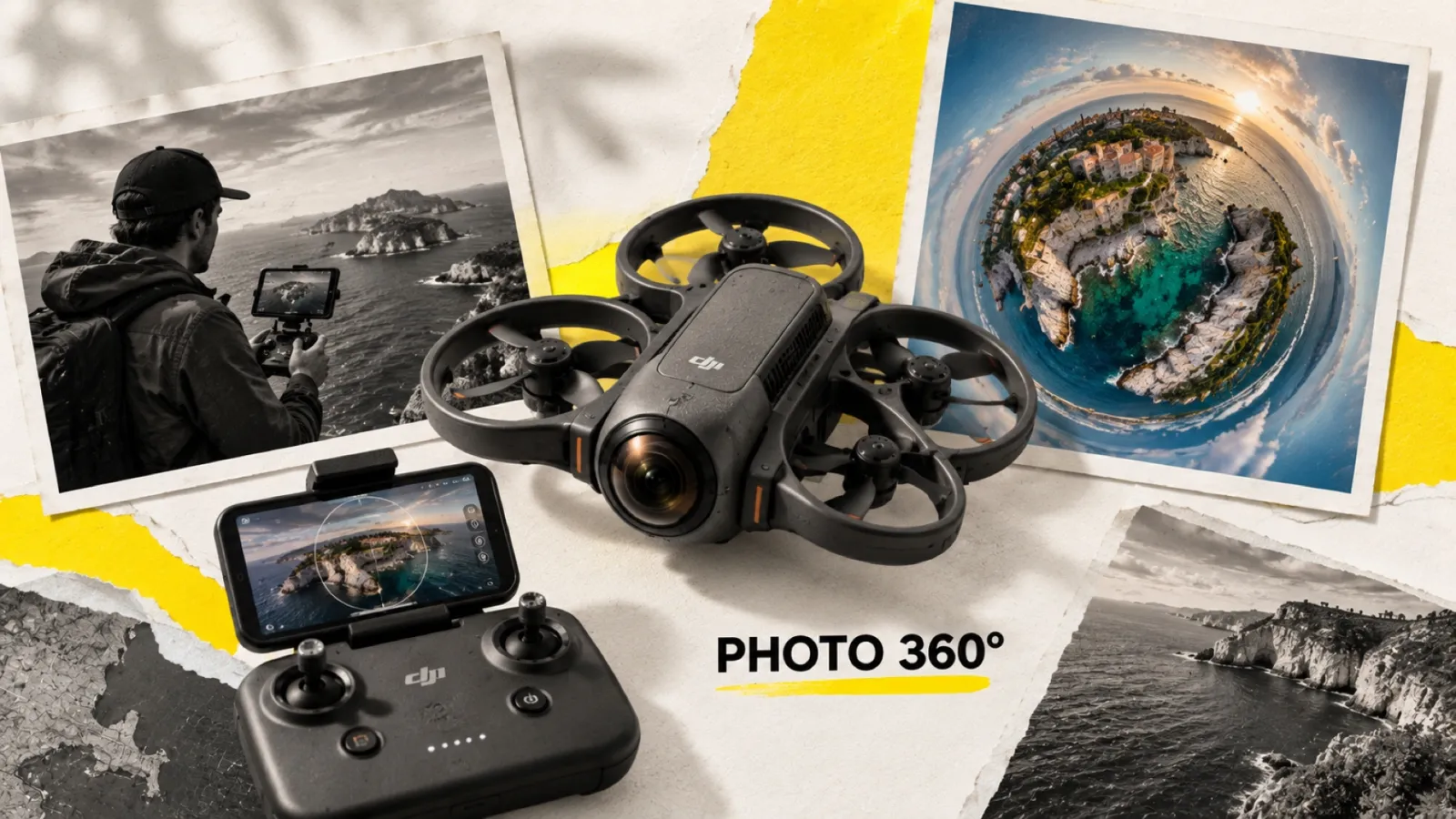 Illustration en collage photographique de l’article « DJI Avata 360 : le premier drone 360° natif de DJI change-t-il vraiment la donne ? »