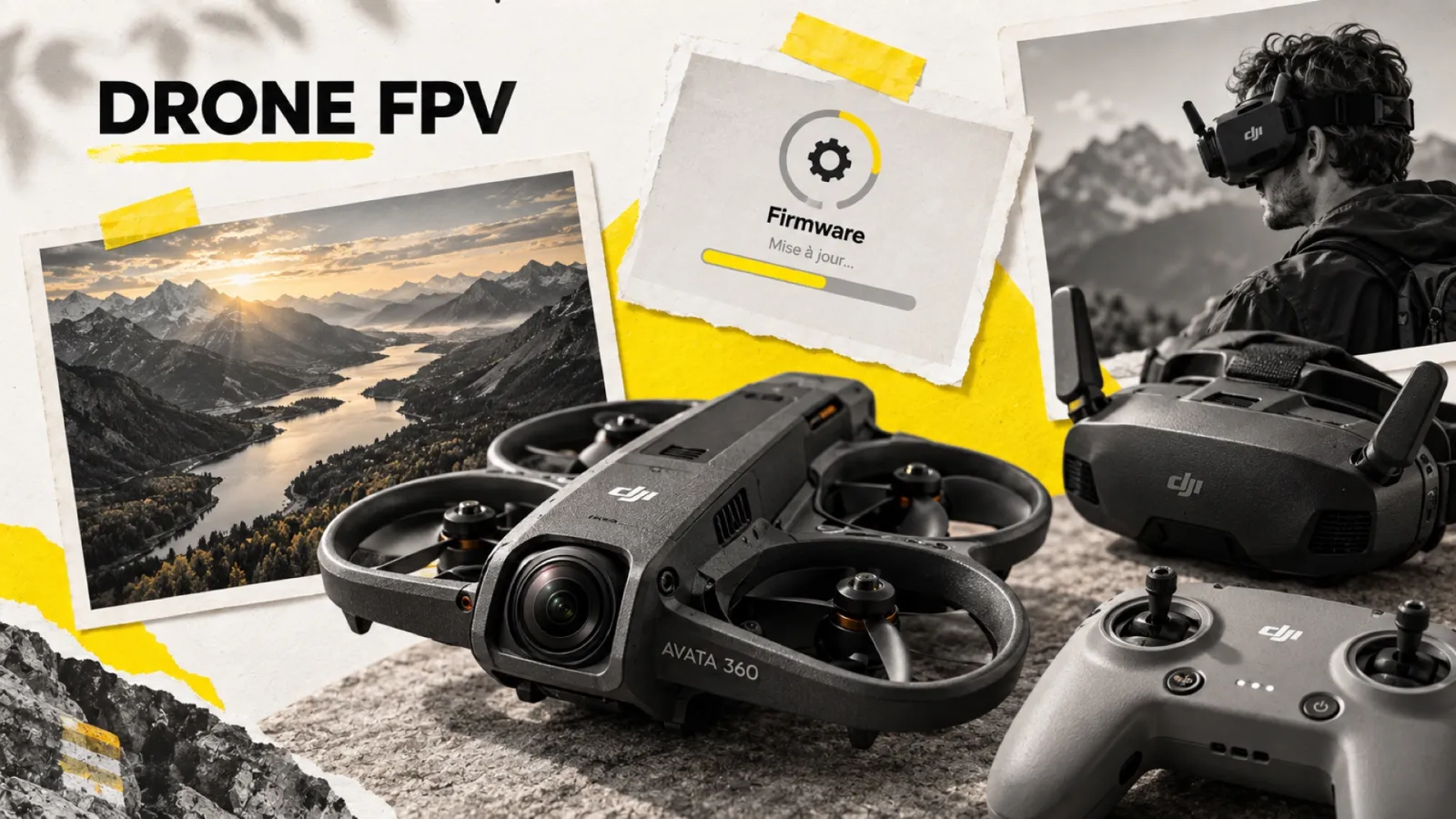 Illustration en collage photographique de l’article « DJI Avata 360 : firmware Manual Mode FPV + dispo US »