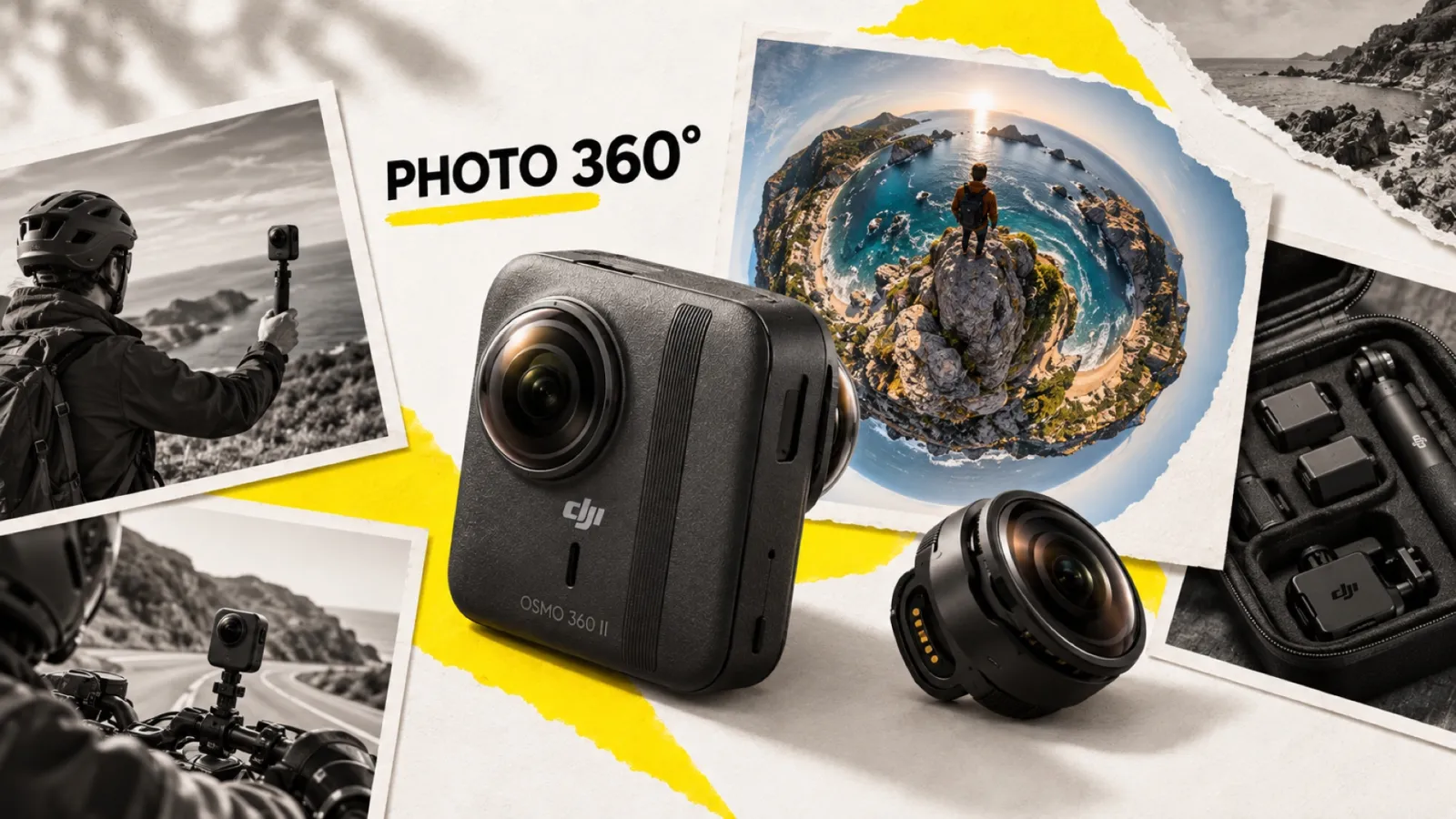 Illustration en collage photographique de l’article « DJI Osmo 360 II : la réplique à l’Insta360 X6, en 8K60 et à objectifs interchangeables »
