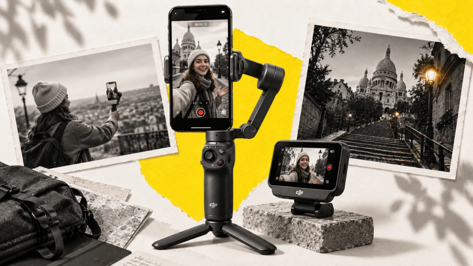 Illustration en collage photographique de l’article « DJI Osmo Mobile 8P : le gimbal smartphone gagne un écran déporté »