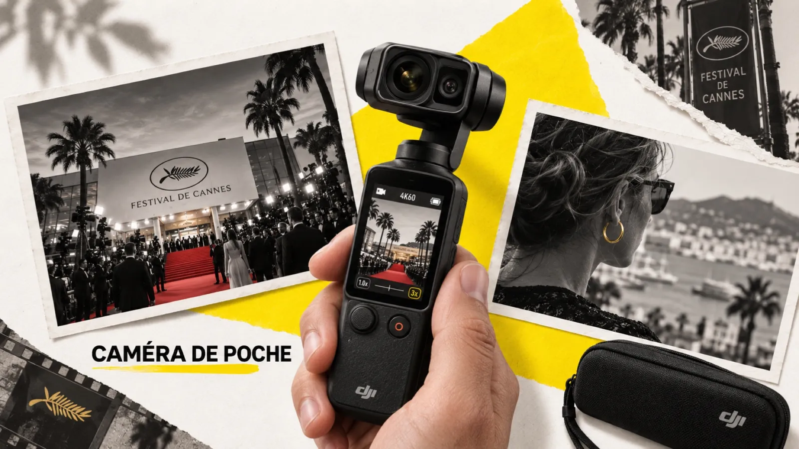 Illustration en collage photographique de l’article « DJI Osmo Pocket 4P : la caméra de poche passe au double objectif »