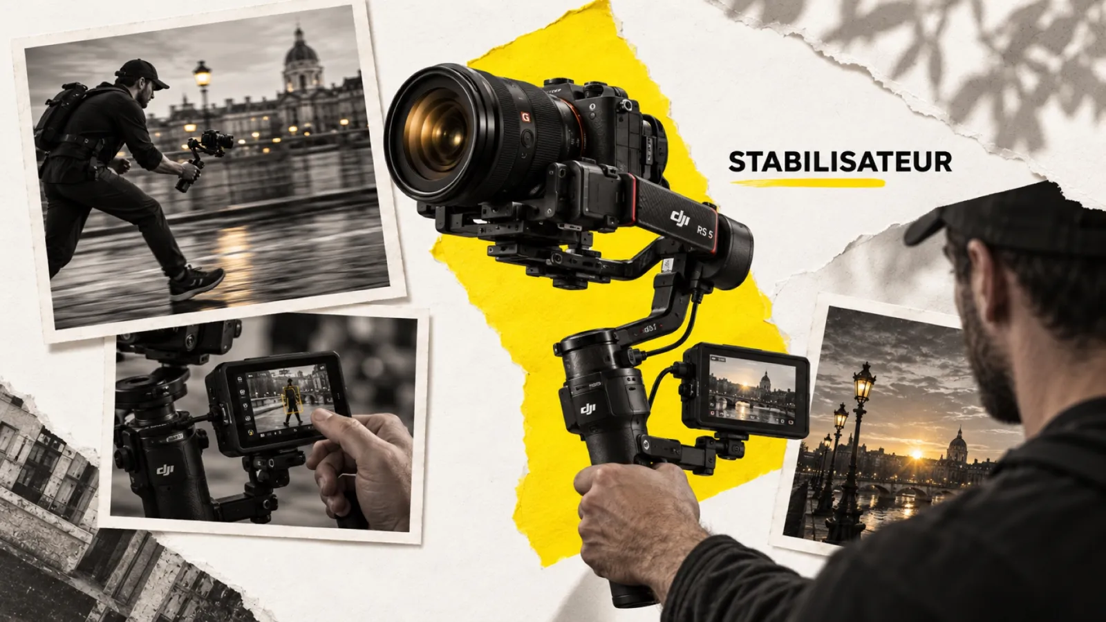 Illustration en collage photographique de l’article « DJI RS 5 : le stabilisateur pro pour hybrides en 2026 »