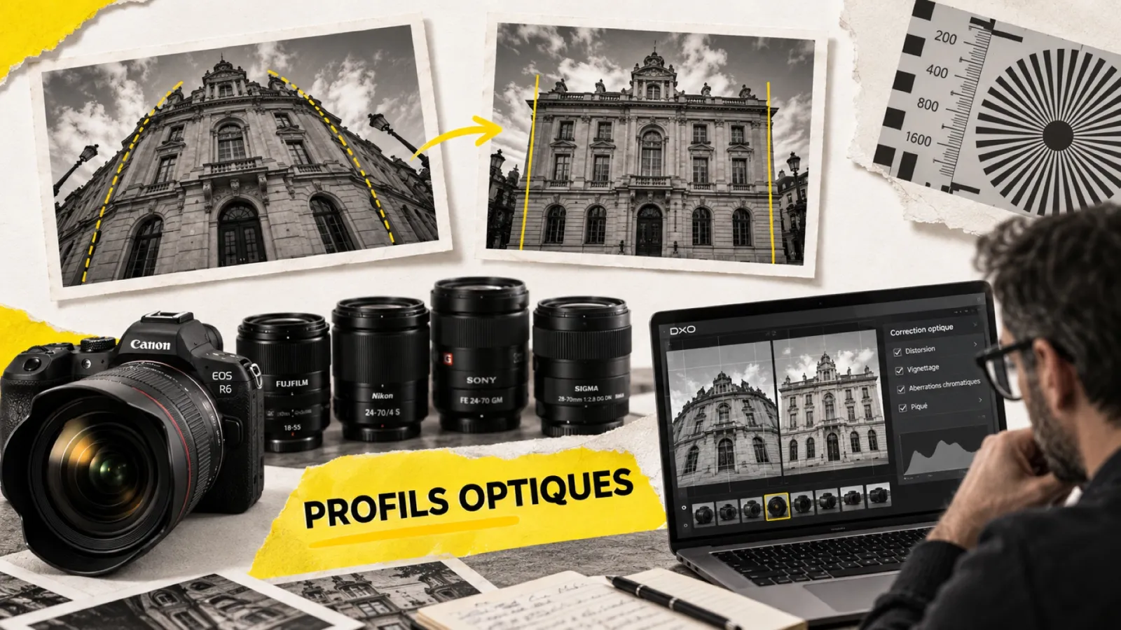 Illustration en collage photographique de l’article « DxO modules avril 2026 : 833 nouveaux profils optiques, 112 308 combinaisons au total »