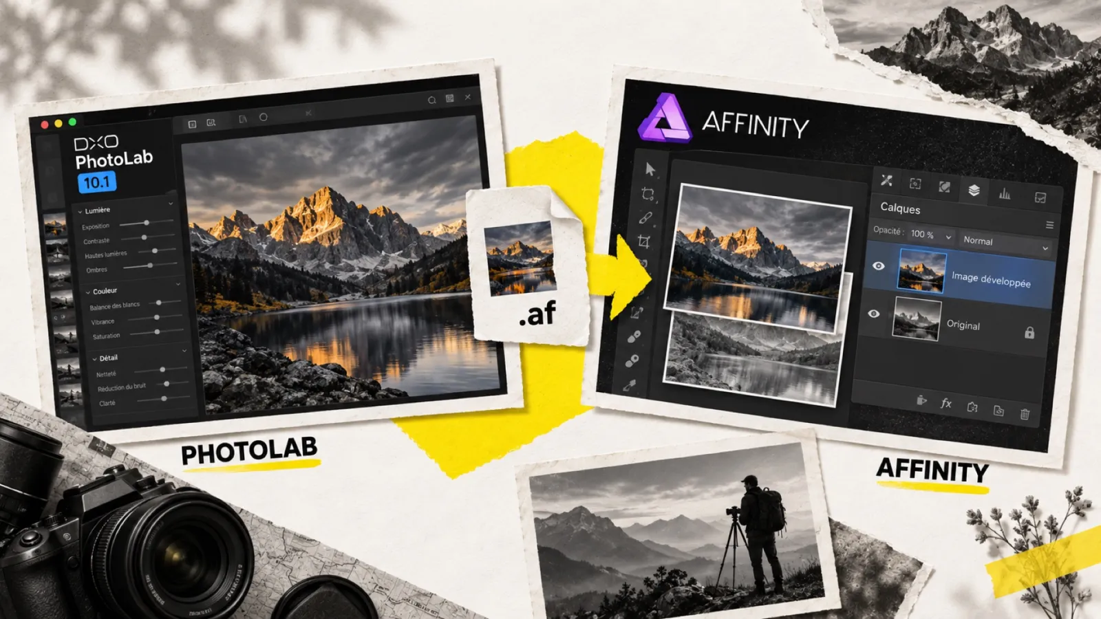 Illustration en collage photographique de l’article « DxO PhotoLab 10.1 exporte enfin vers Affinity, en .af natif »