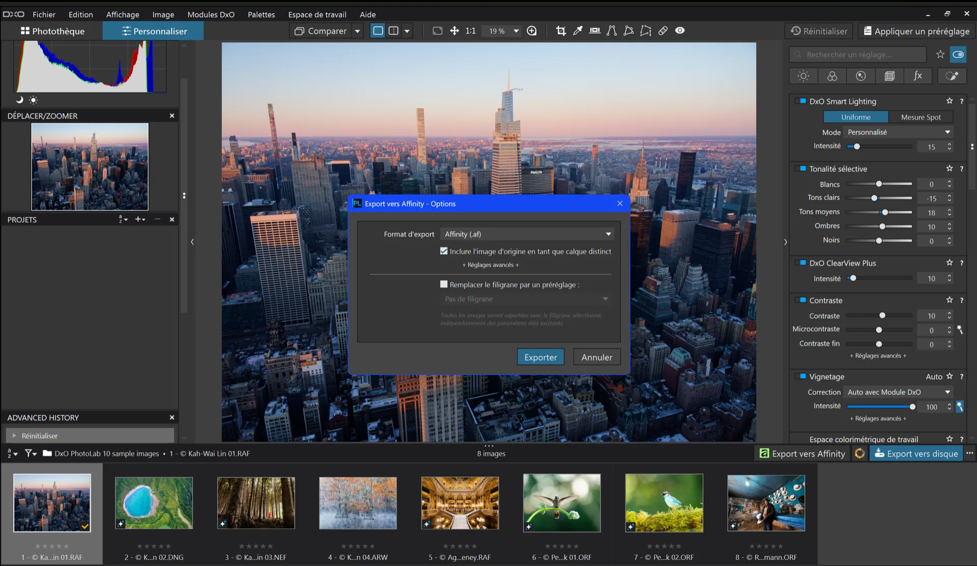 DxO PhotoLab 10.1 : fenêtre d'export vers Affinity au format .af, avec l'option du calque d'origine