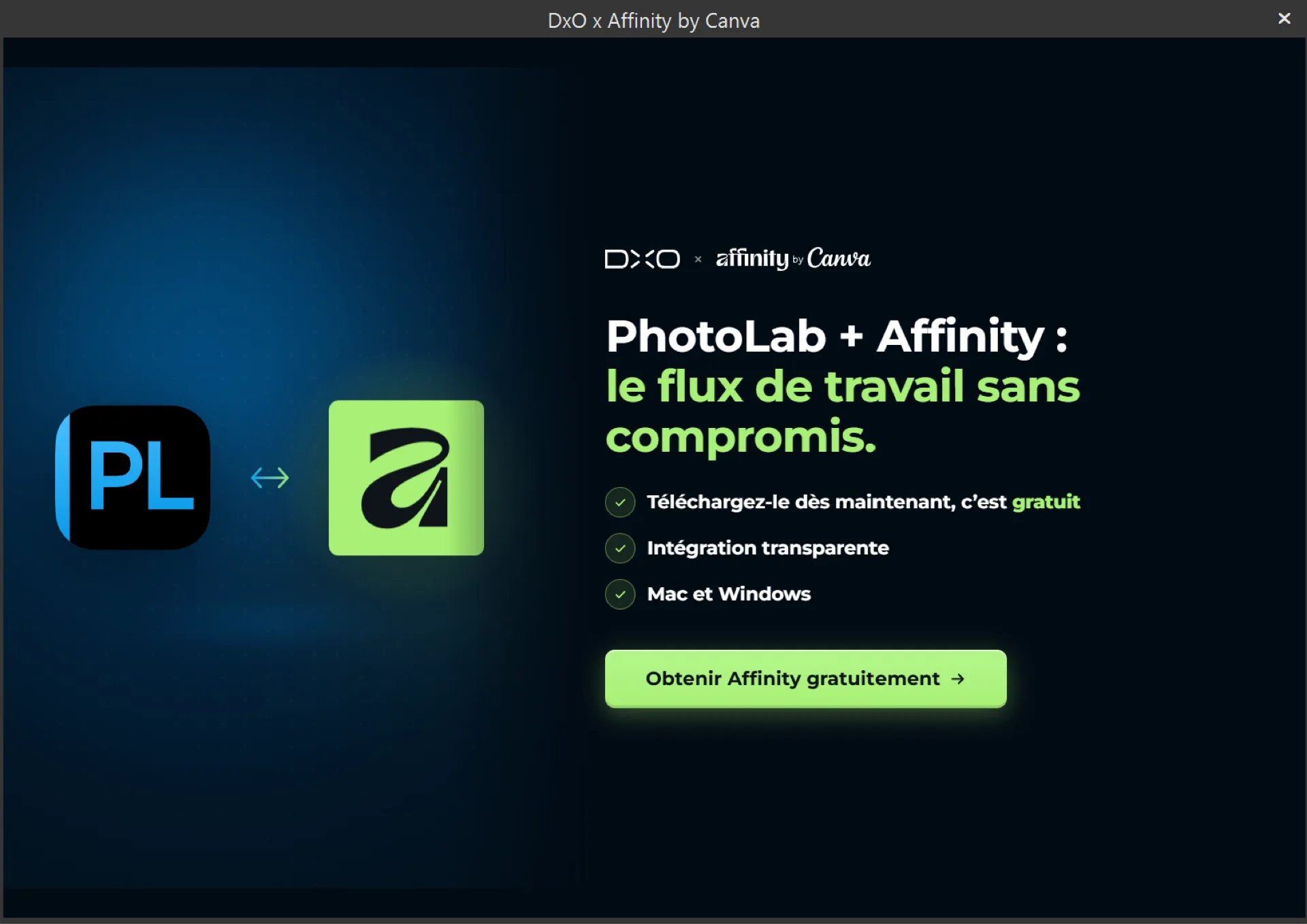 Écran d'invitation à installer Affinity gratuitement, affiché dans DxO PhotoLab 10.1