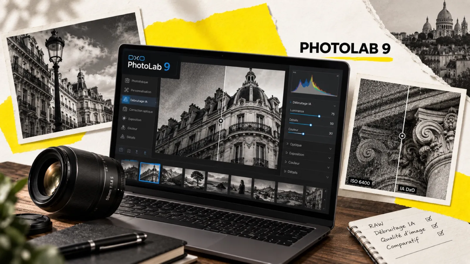 Illustration en collage photographique de l’article « DxO PhotoLab 9 : test complet, avis et nouveautés 2026 »