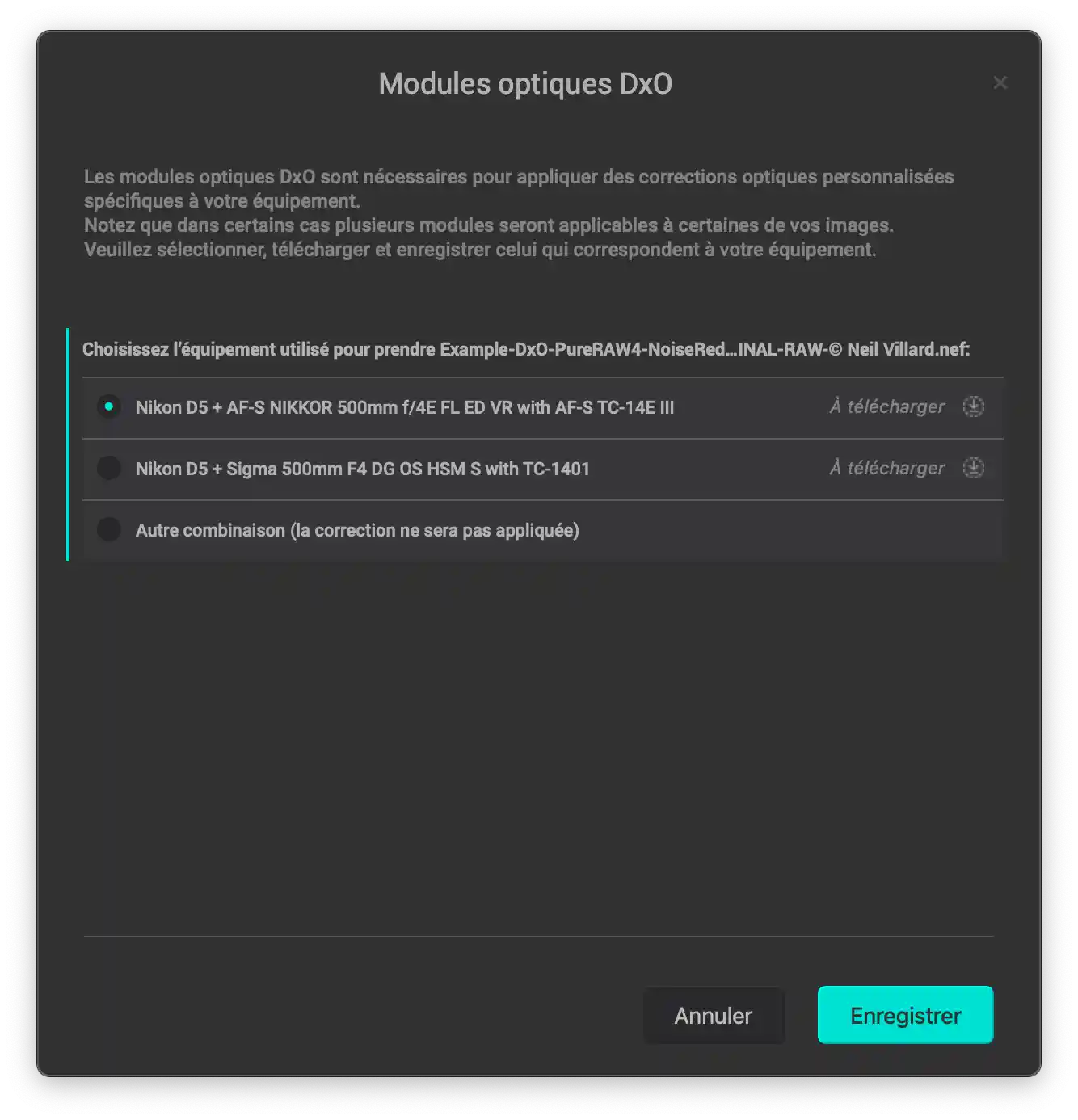Interface de sélection de modules optiques DxO pour corrections personnalisées.