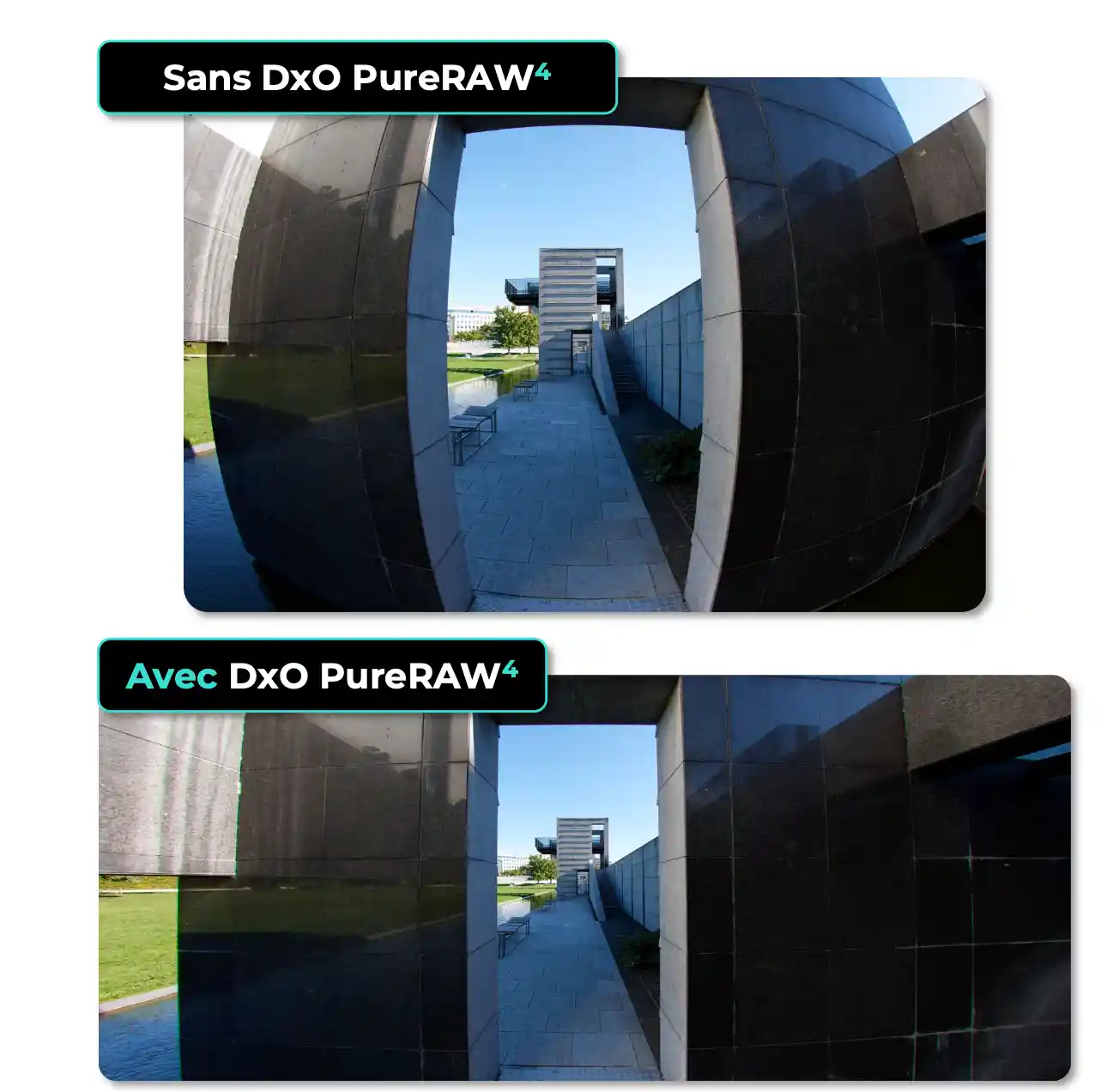 Comparaison d'une photo d'architecture avec et sans traitement DxO PureRAW4 montrant la correction de distorsion.