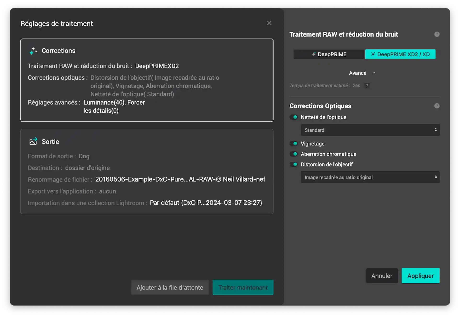 Capture d'écran des réglages de traitement RAW et réduction du bruit dans un logiciel de traitement d'image.