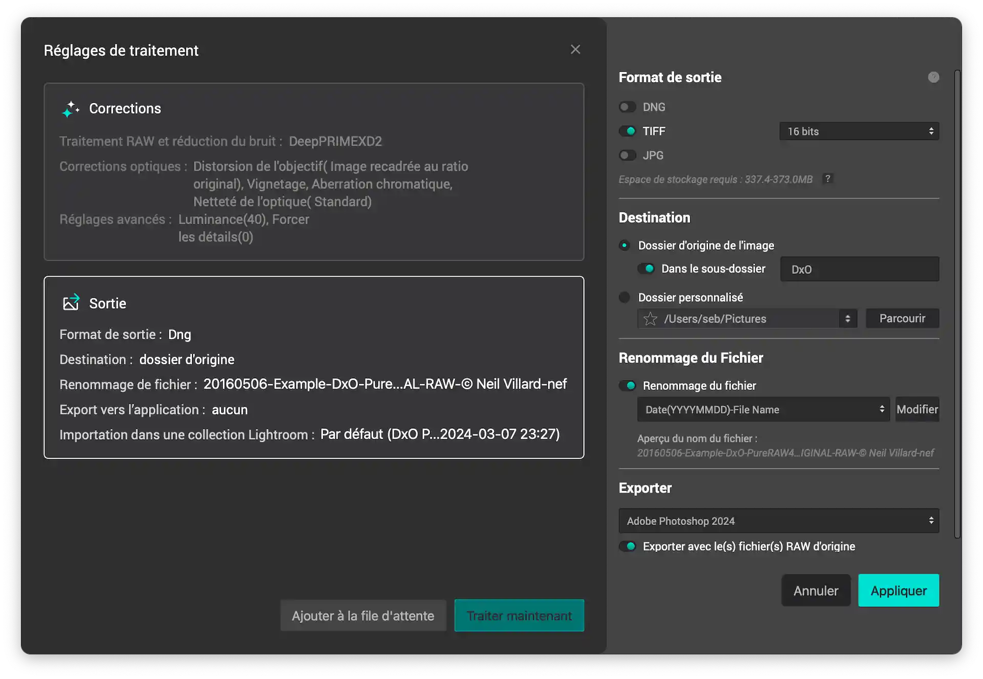 Capture d'écran des réglages de traitement d'image dans un logiciel photo avec des options de corrections et de format de sortie.