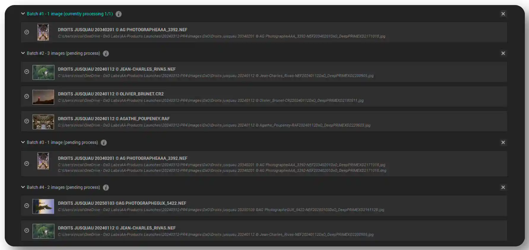 Interface de traitement d'images montrant plusieurs lots de fichiers en cours de processus.