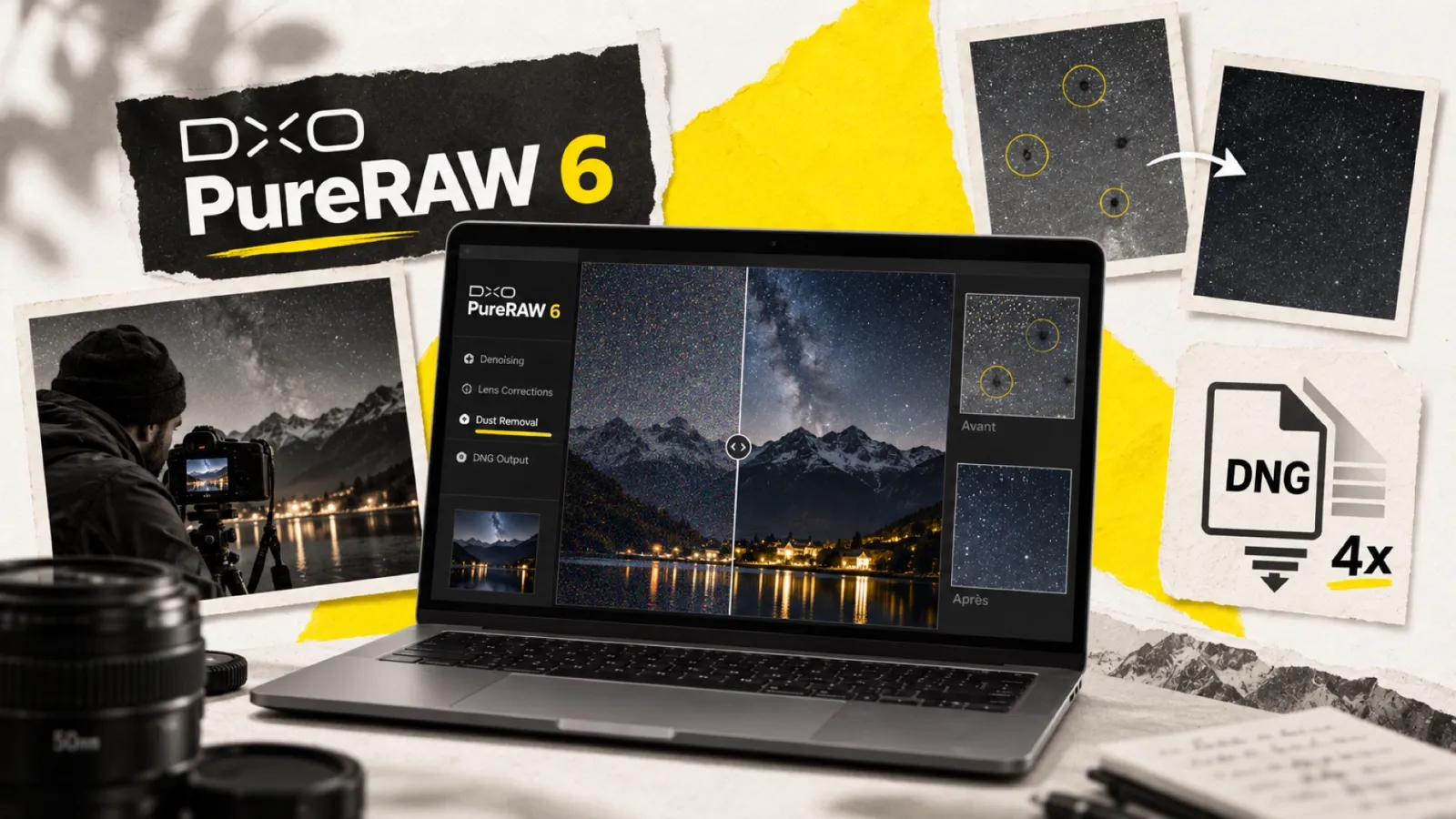 Illustration en collage photographique de l’article « DxO PureRAW 6 : test complet, nouveautés et avis 2026 »