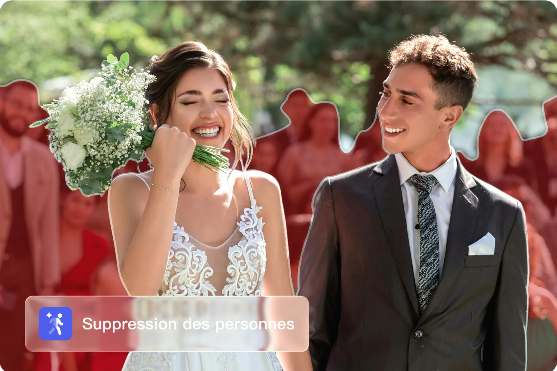 Fonction Suppression des personnes d'Evoto 7 : les invités en arrière-plan derrière un couple de mariés sont détectés pour être effacés
