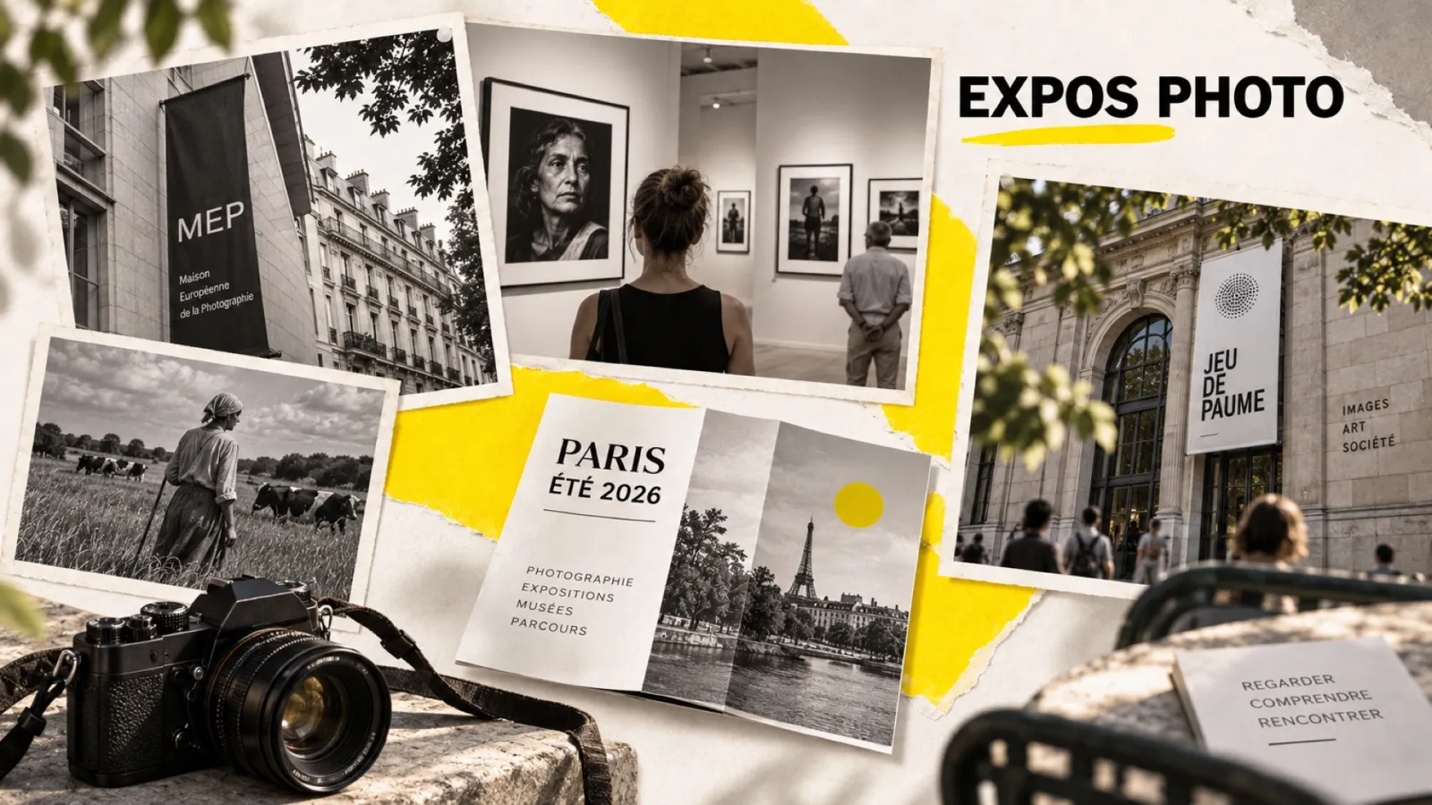 Illustration en collage photographique de l’article « Expositions photo Paris été 2026 : Camille Vivier à la MEP, Madeleine de Sinéty au Jeu de Paume »
