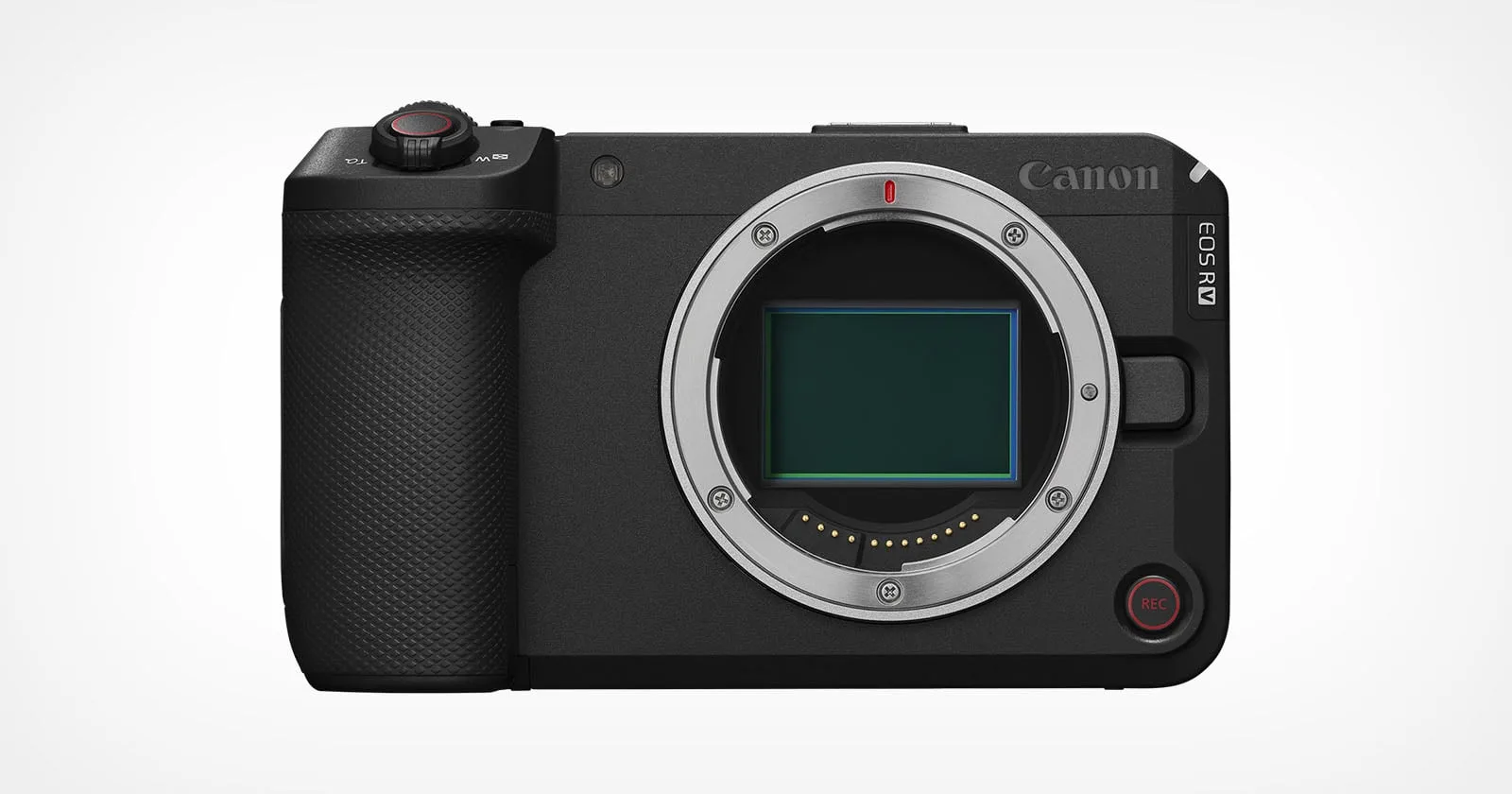 Canon EOS R6 V vue de face, monture RF, design boxy sans EVF