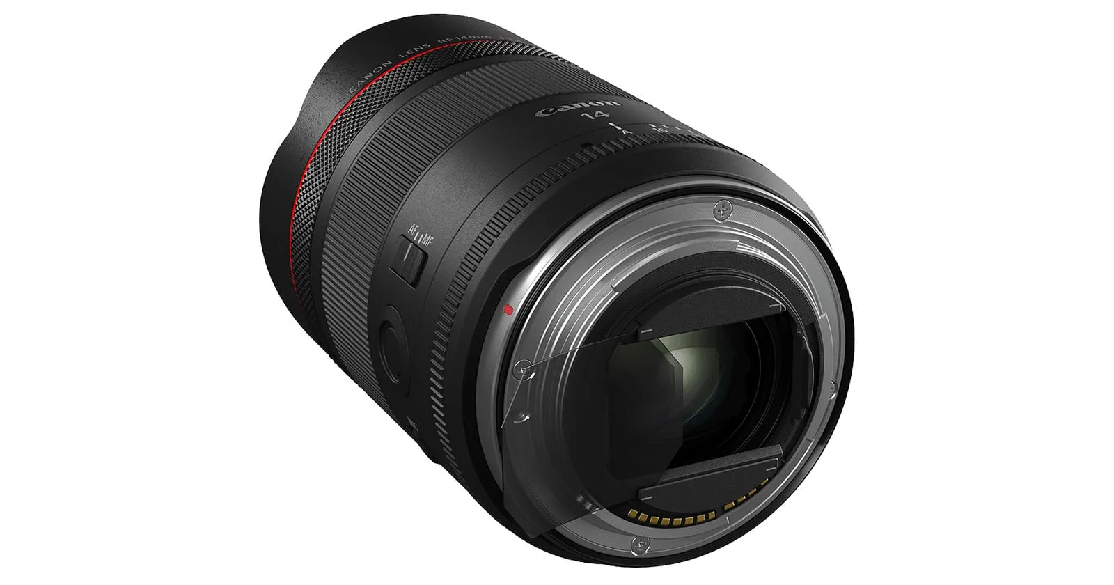 Canon RF 14 mm f/1.4 L VCM vu de trois quarts, monture RF, fût noir bande rouge L