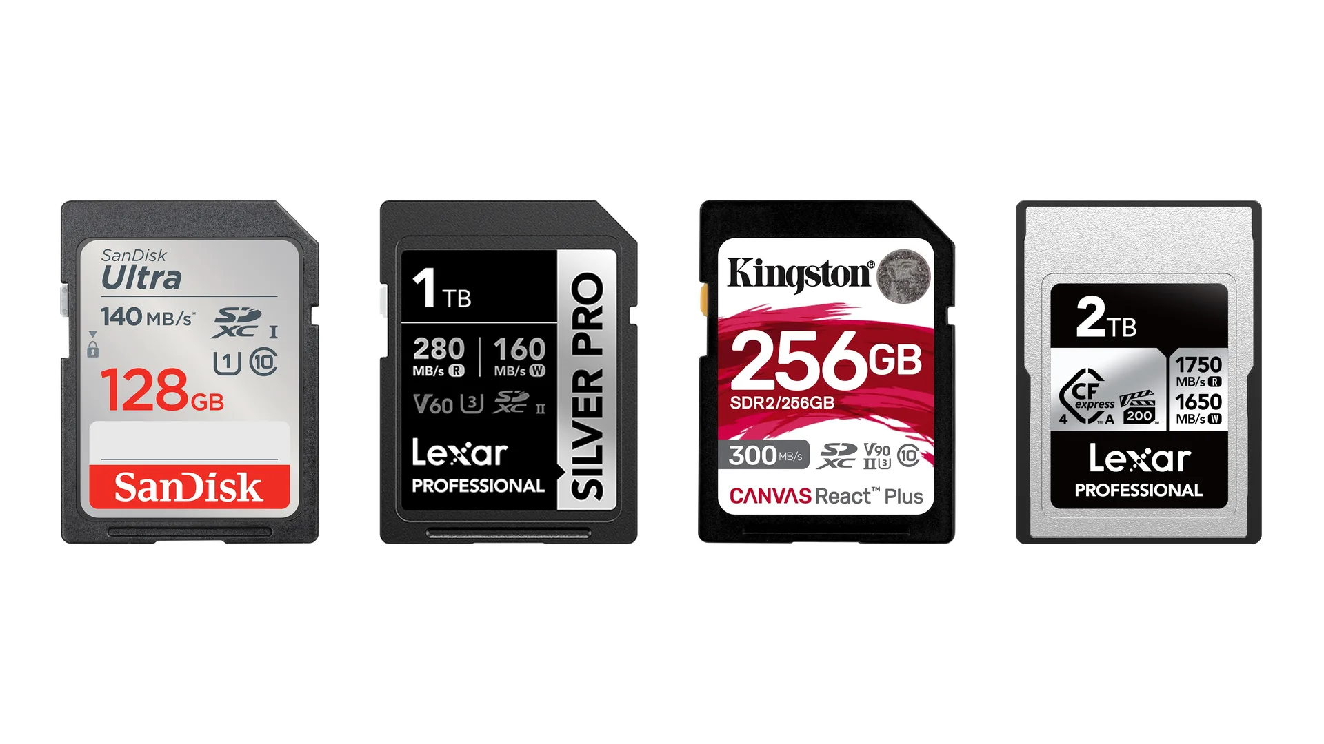 Sélection de cartes mémoire pour la photo : SanDisk Ultra, Lexar Silver Pro, Kingston Canvas React Plus V90 et Lexar CFexpress Type A