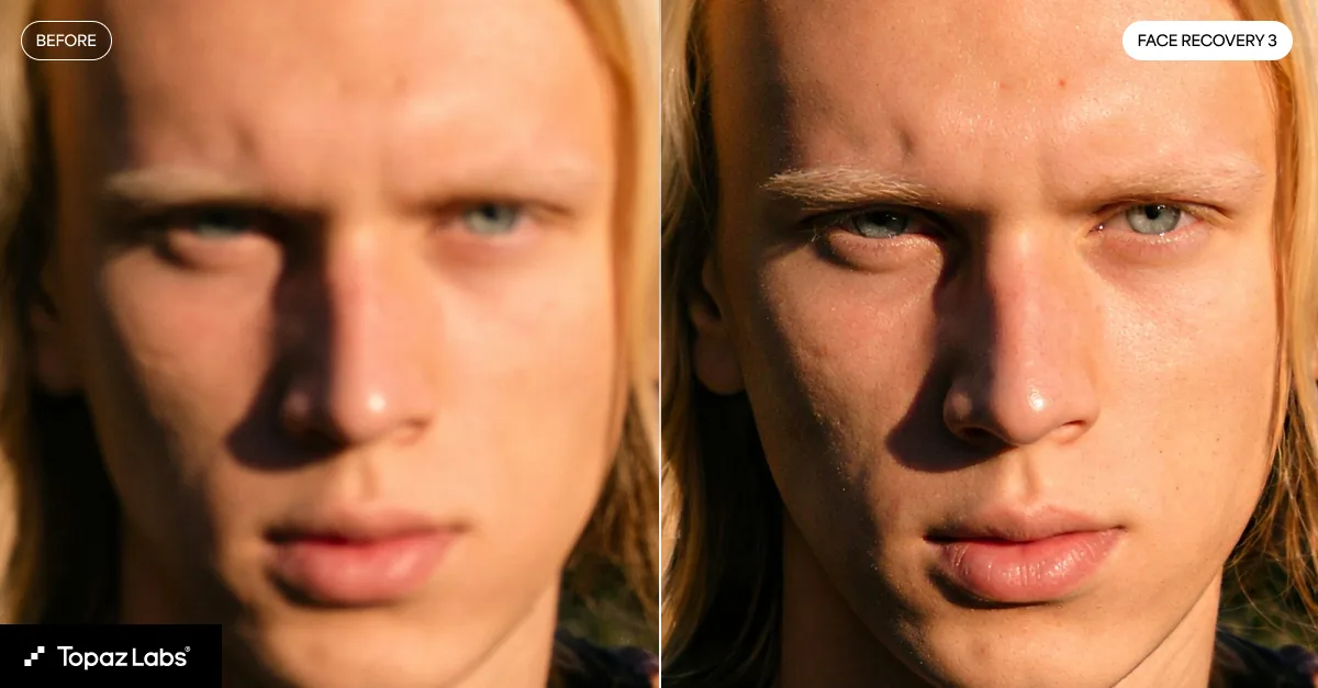 Comparaison avant / après Topaz Photo Recover Faces 3 sur un portrait masculin