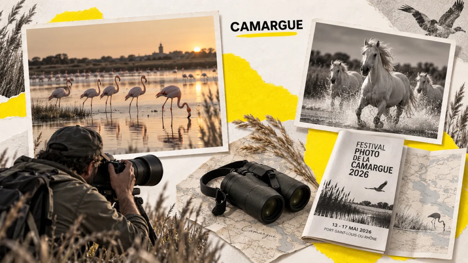 Illustration en collage photographique de l’article « Festival photo de la Camargue 2026 : guide pratique »