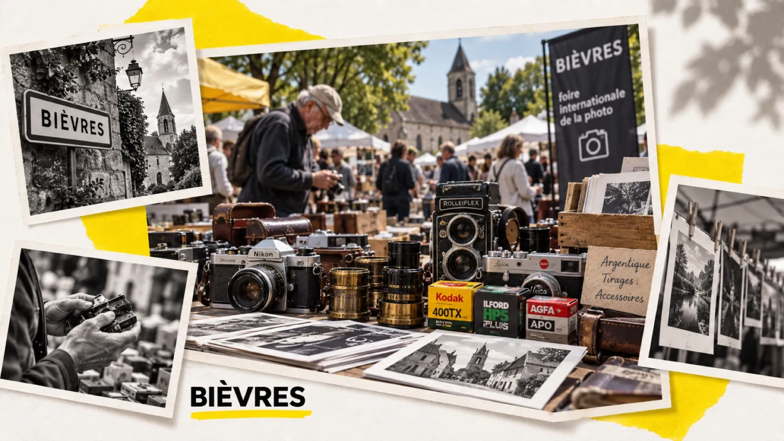 Illustration en collage photographique de l’article « Foire internationale de la photo de Bièvres 2026 : ce qu’il faut savoir avant de venir »