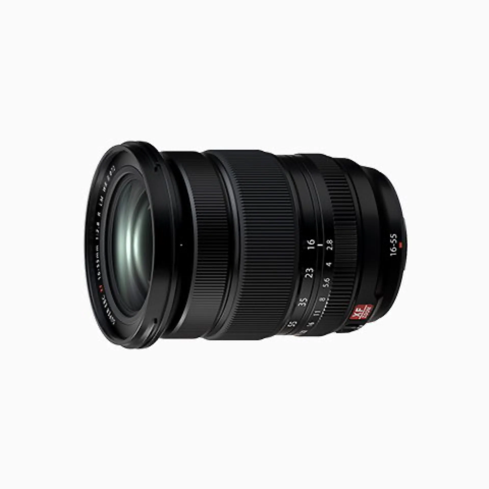 Objectif Fujifilm XF 16-55mm f/2.8 R LM WR II sur fond blanc