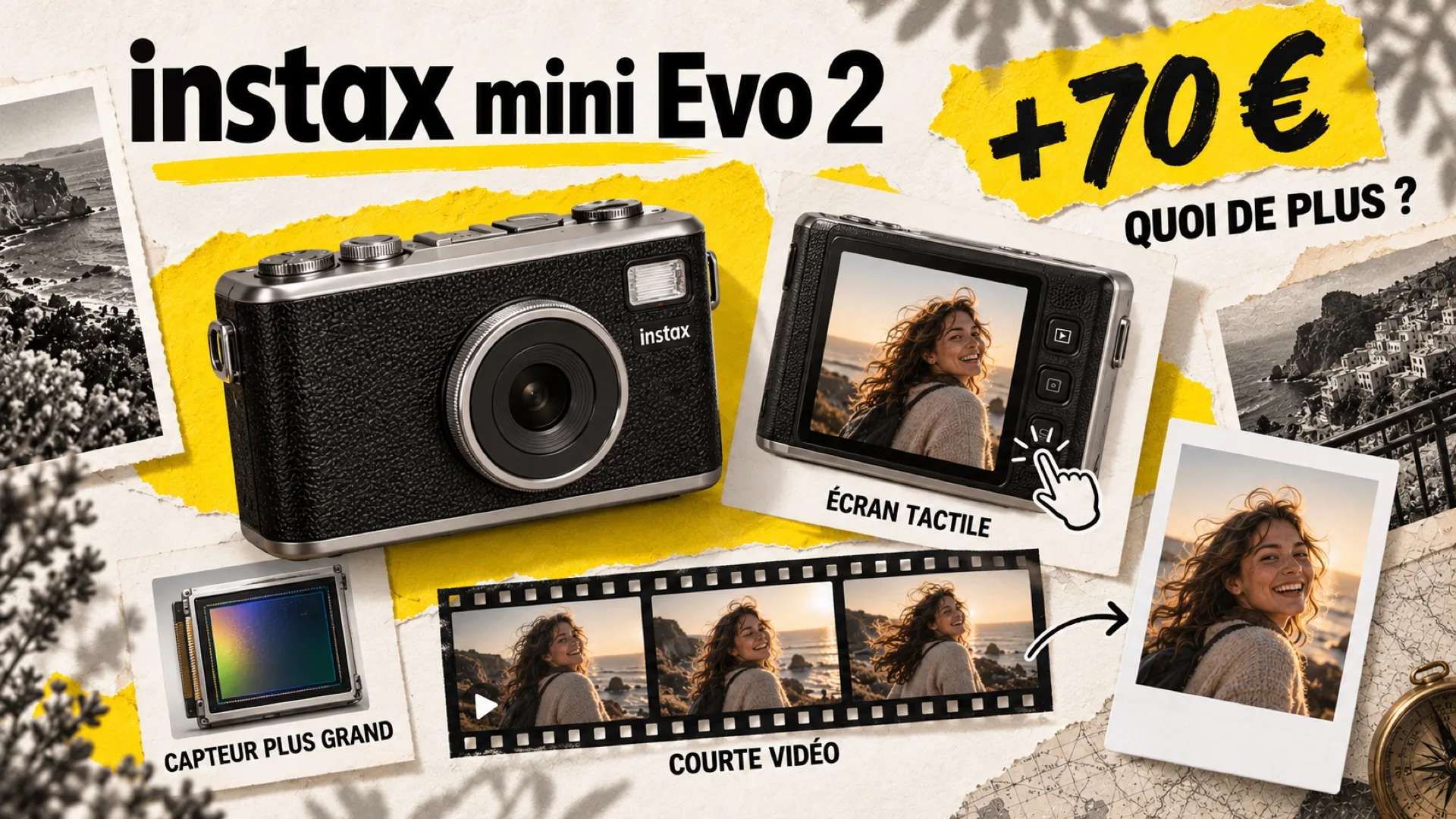 Illustration de l'instax mini Evo 2 : écran tactile, capteur plus grand et courte vidéo pour 70 € de plus