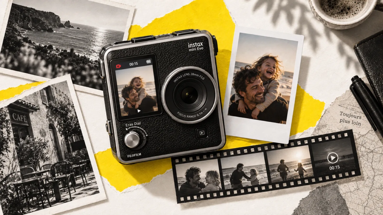 Illustration en collage photographique de l’article « Fujifilm Instax Mini Evo Cinema : photo + vidéo instantanées »