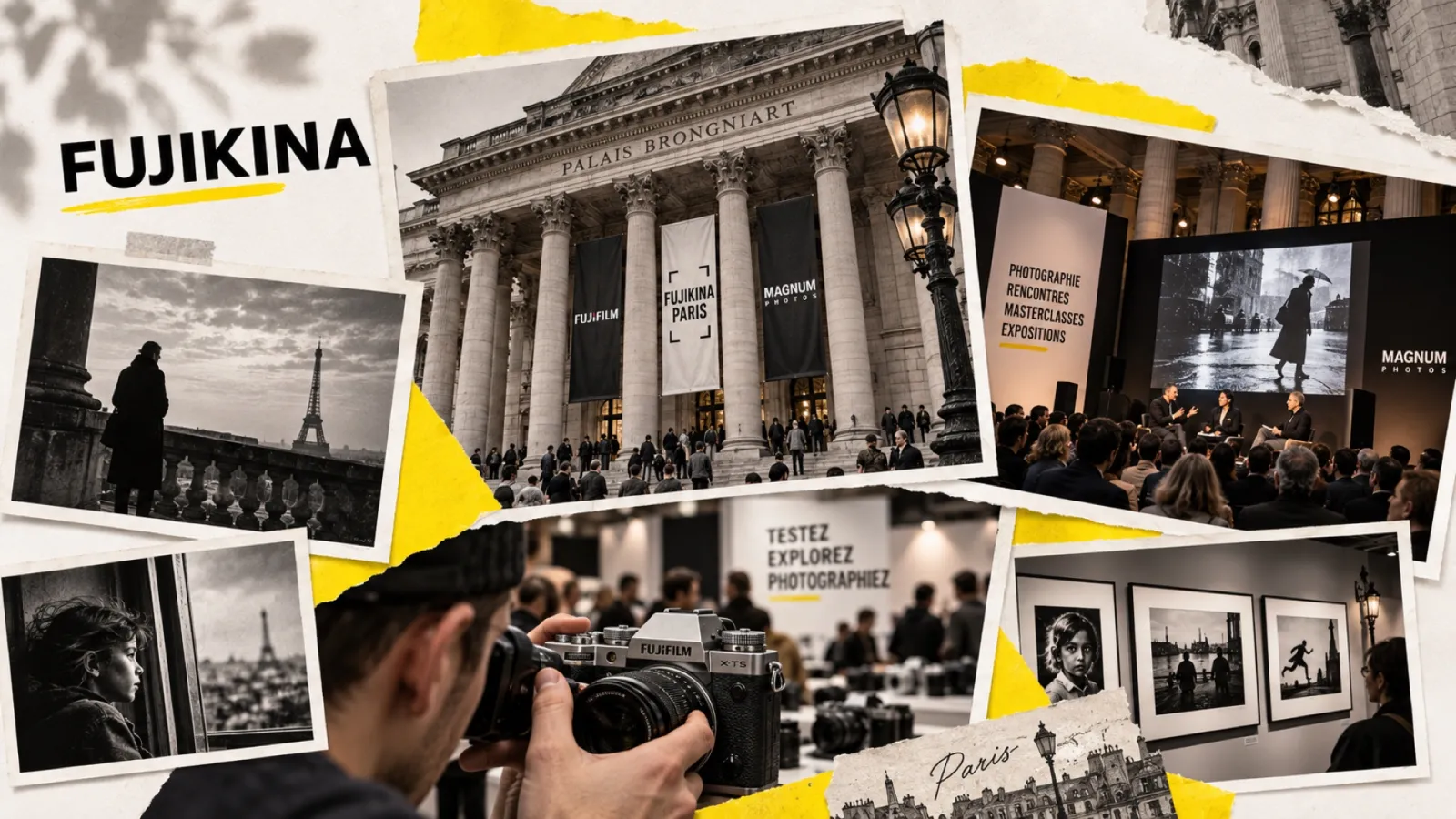 Illustration en collage photographique de l’article « Fujikina Paris : Magnum au Palais Brongniart du 4 au 6 septembre »