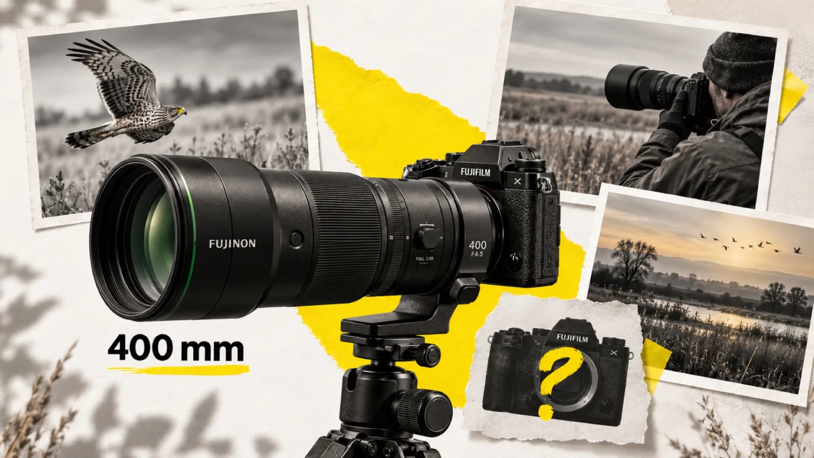 Illustration en collage photographique de l’article « Fujinon XF 400mm f/4.5 : Fujifilm sort l’objectif, mais toujours pas le boîtier »