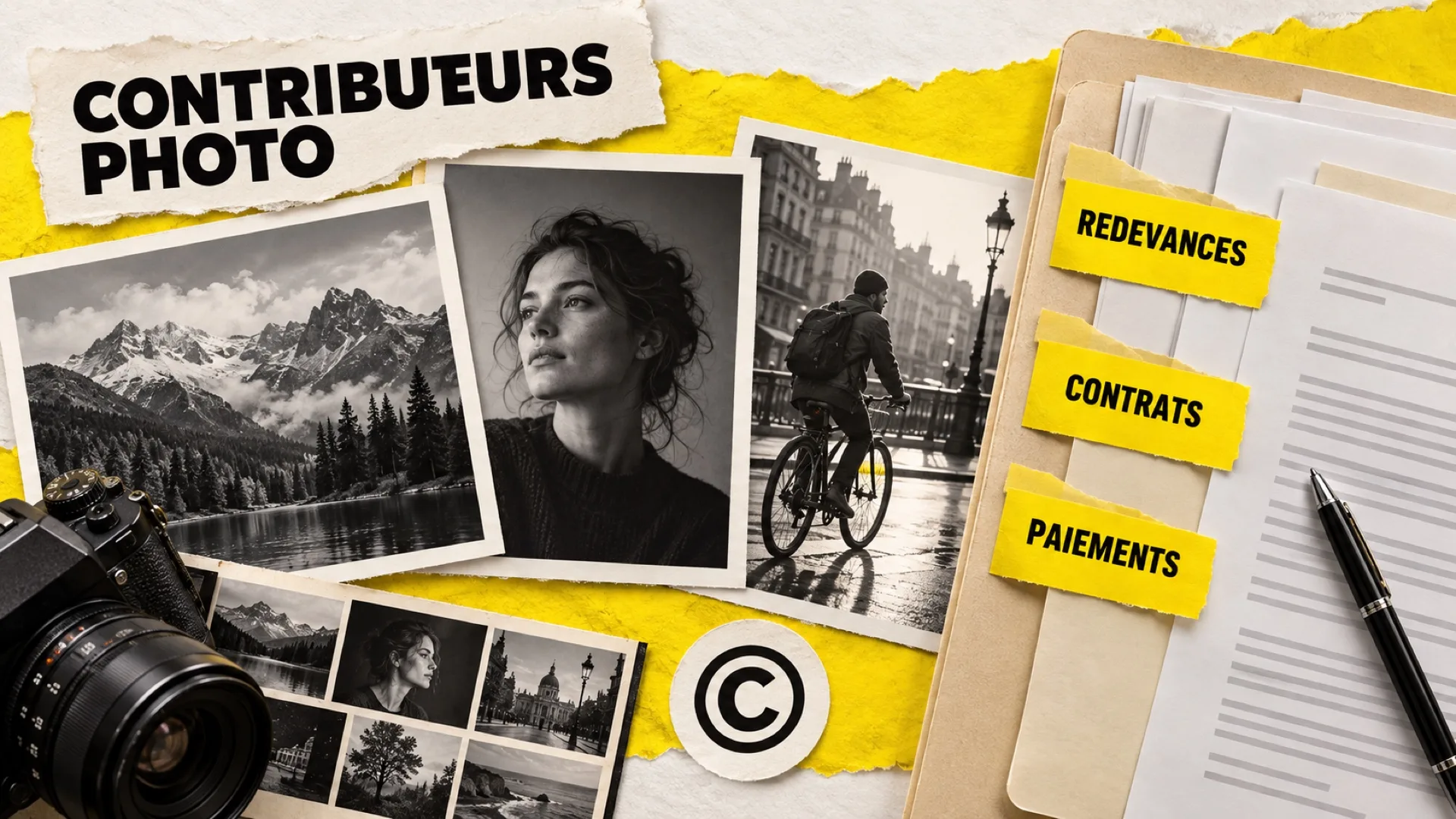 Collage de photos en noir et blanc, dossier et étiquettes redevances, contrats et paiements : les contributeurs photo face au Chapter 11 de Getty Images
