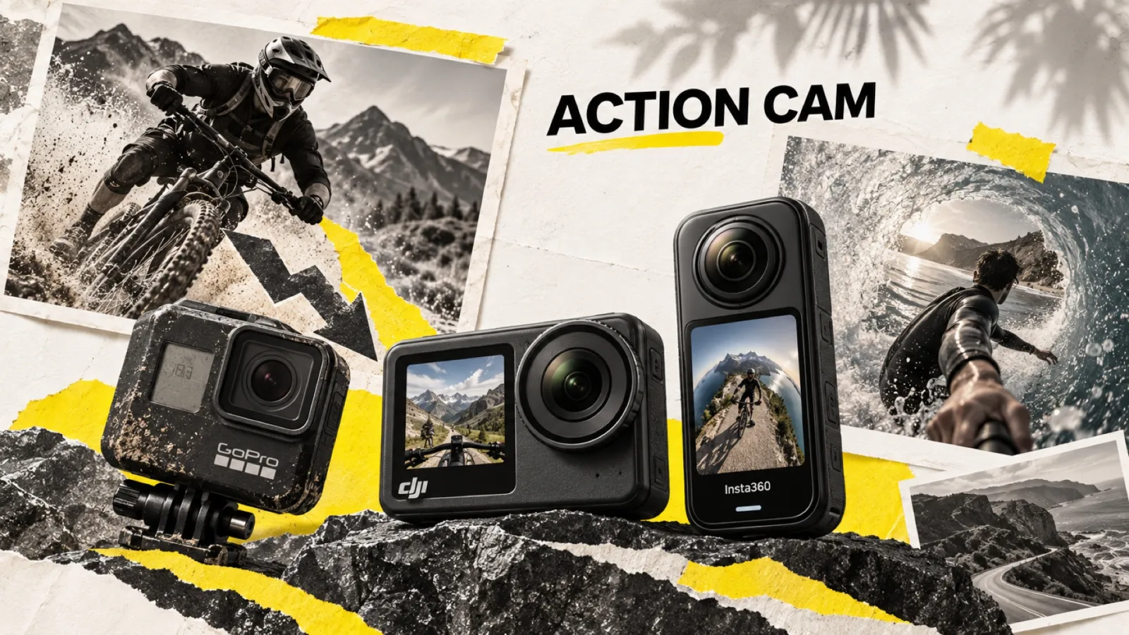 Illustration en collage photographique de l’article « GoPro décroche : DJI et Insta360 raflent l’action-cam »