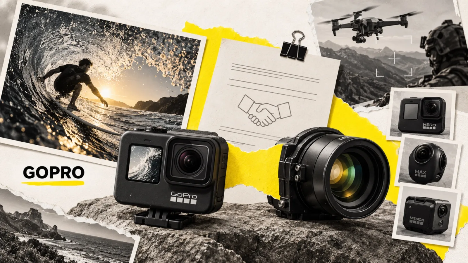 Illustration en collage photographique de l’article « GoPro vendue 285 millions de dollars : Starman Optical rachète le pionnier de l’action-cam »