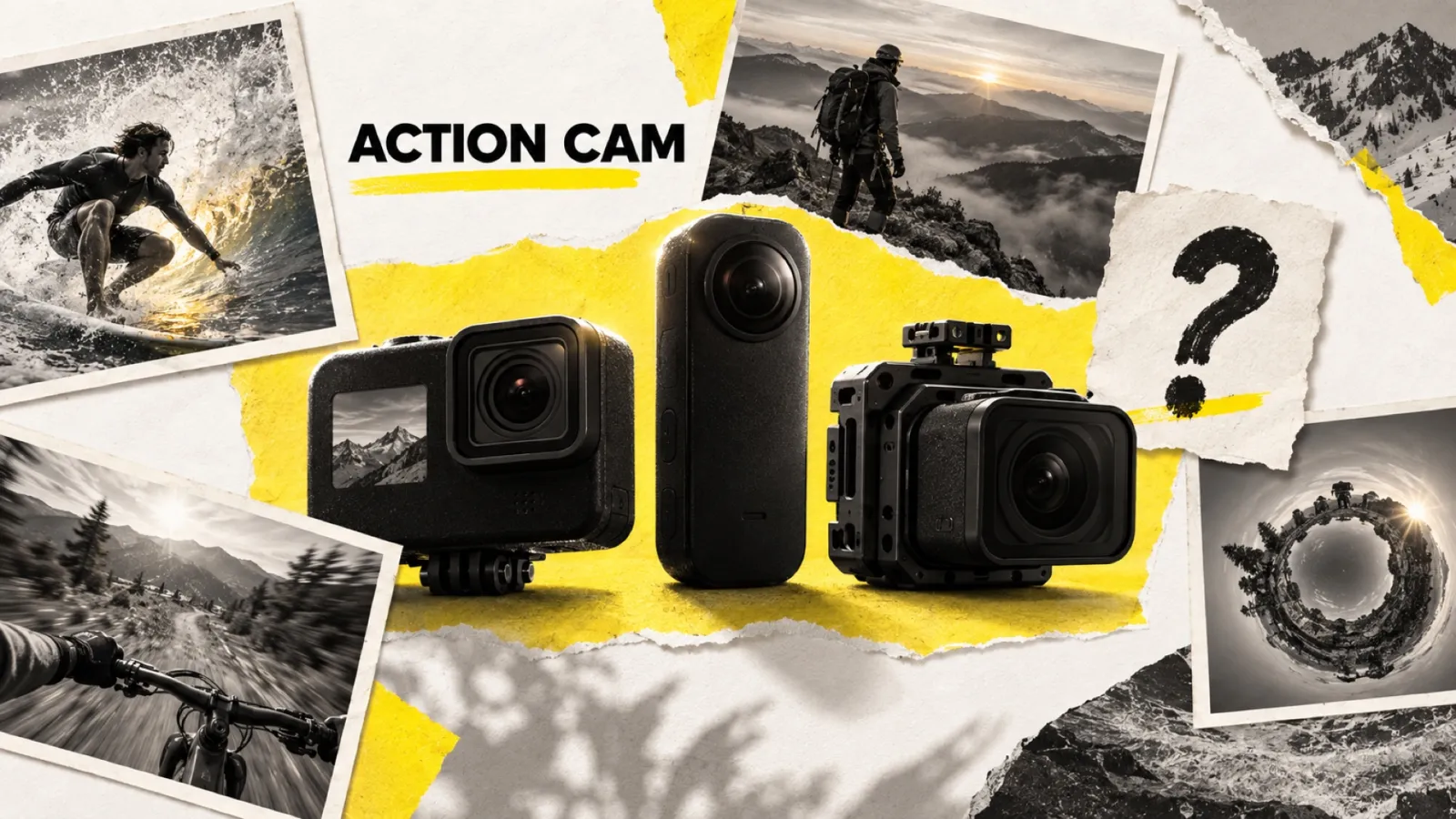 Illustration en collage photographique de l’article « GoPro 2026 : teasers Hero 14, Max 3 et processeur GP3 »
