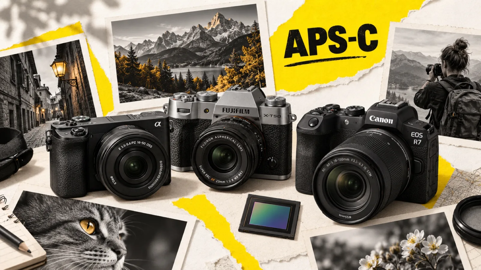 Illustration en collage photographique de l’article « Quel hybride APS-C choisir en 2026 ? Guide d’achat complet par budget »