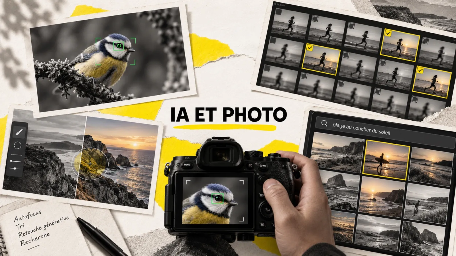 Illustration en collage photographique de l’article « IA et photographie en 2026 : où en est-on vraiment ? »